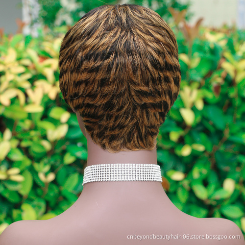 Highlight Brown Kinky Curly Wig Brazilian Human Hair Pixie Cut Short Afro Wigs High Density for Black Women